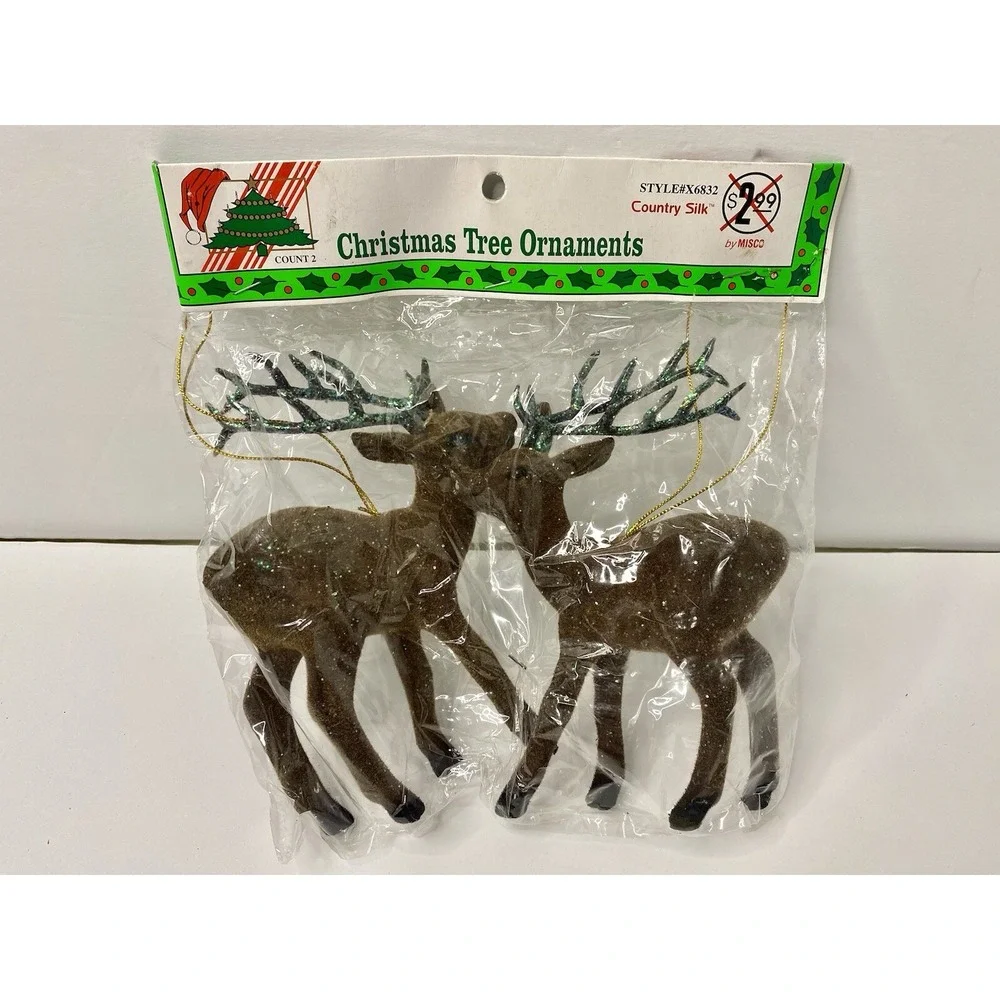 Pair Reindeer Flocked Vintage Ornaments Glitter Country‎ Silk Christmas